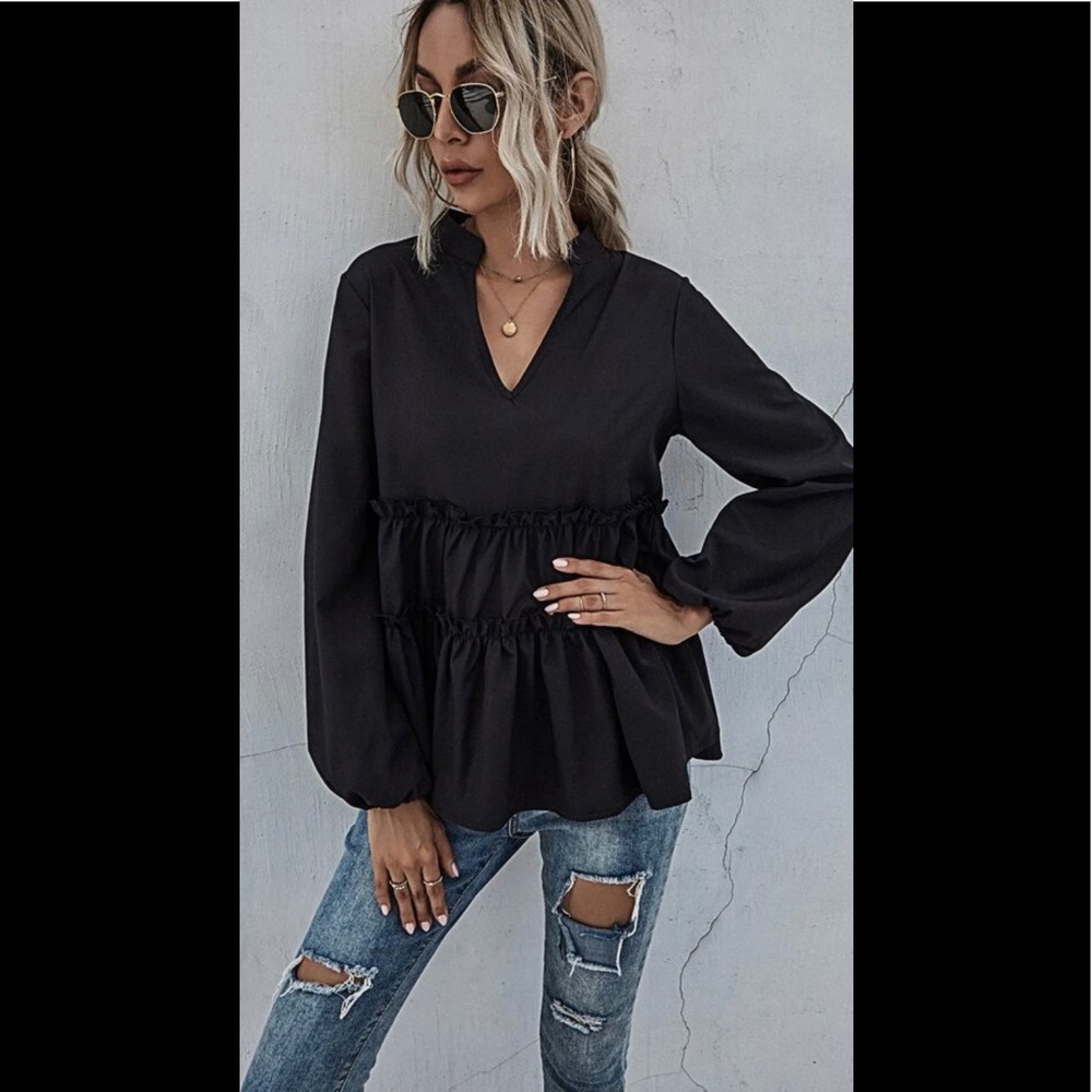 NOTCHED NECK FRILL RUFFLE HEM BLACK BLOUSE - Picture 2 of 8